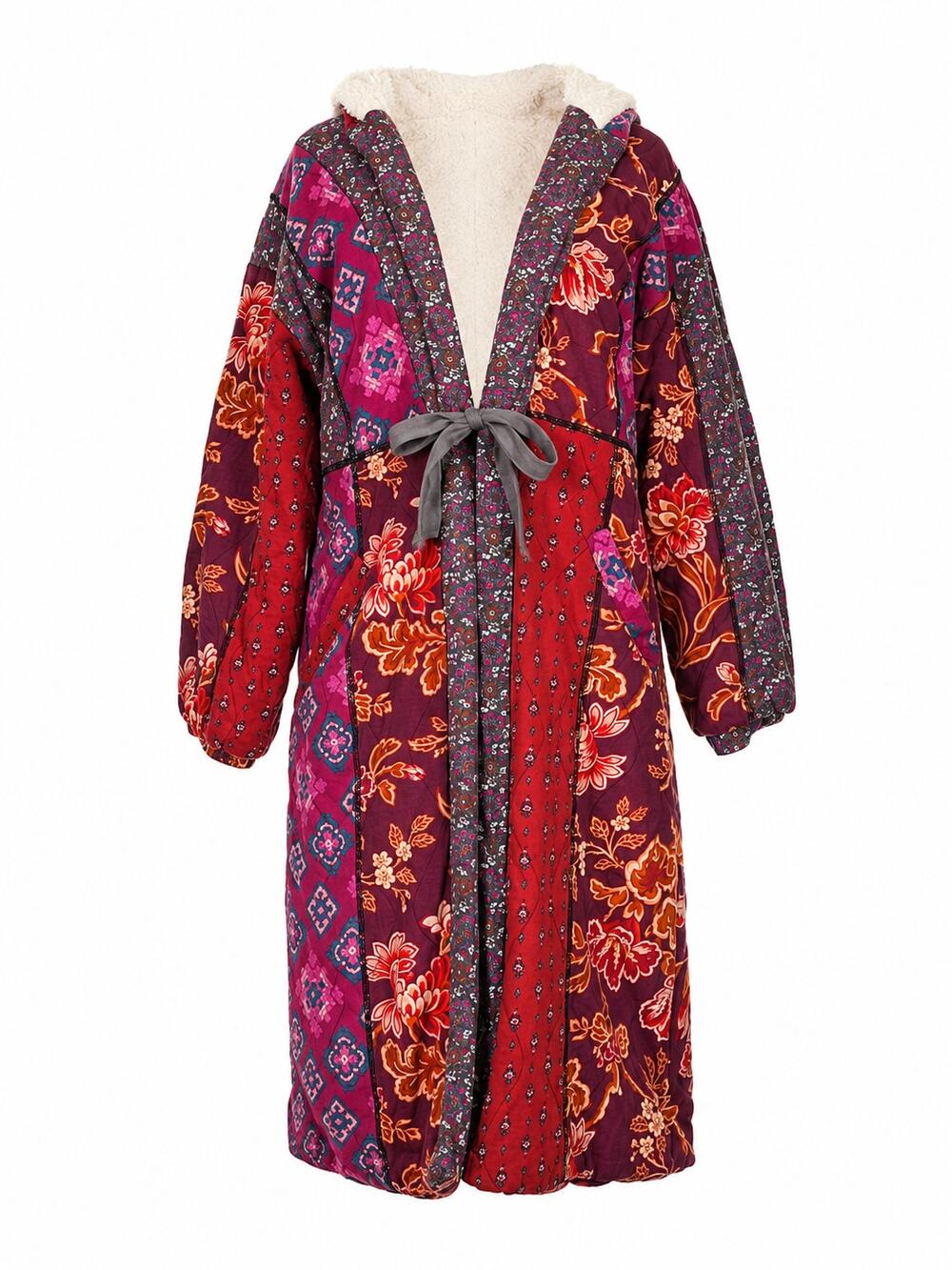 Sundance Linnea Patchwork Sherpa Boho Multi Color Hood Floral Jacket Coat XS / S
